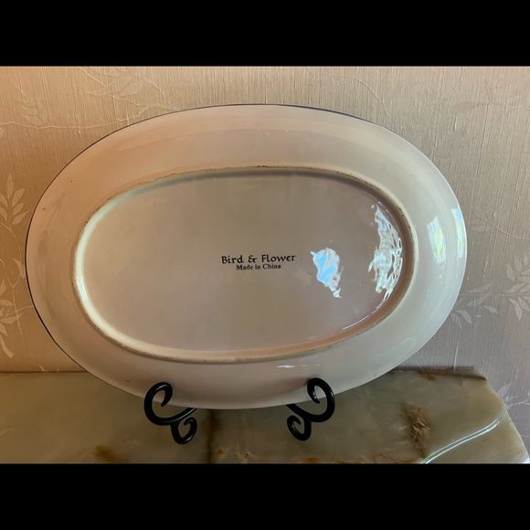 Blue & White Floral Bird Ceramic Oval Platter 14”L x 10”W - Picture 2 of 3